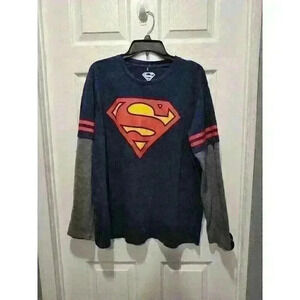 DC COMICS SUPERMAN TEE SHIRT‎ COTTON MENS LONG SLEEVE SIZE 2XL NAVY GREY GRAPHIC